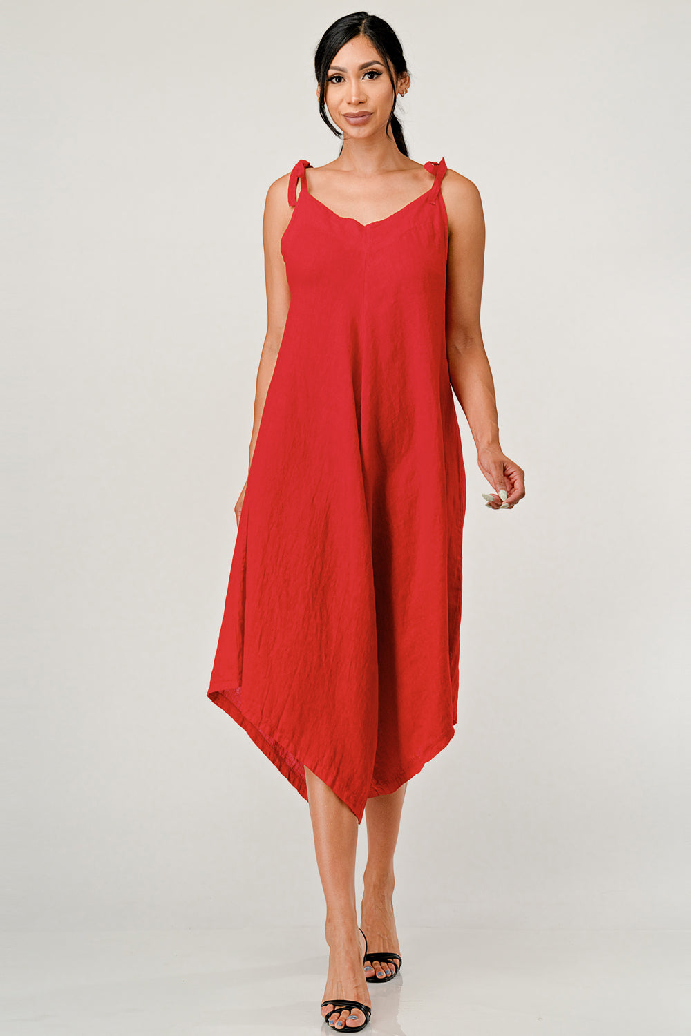 V Neck Linen Italian Romper Dress Raw Moda One Size Red