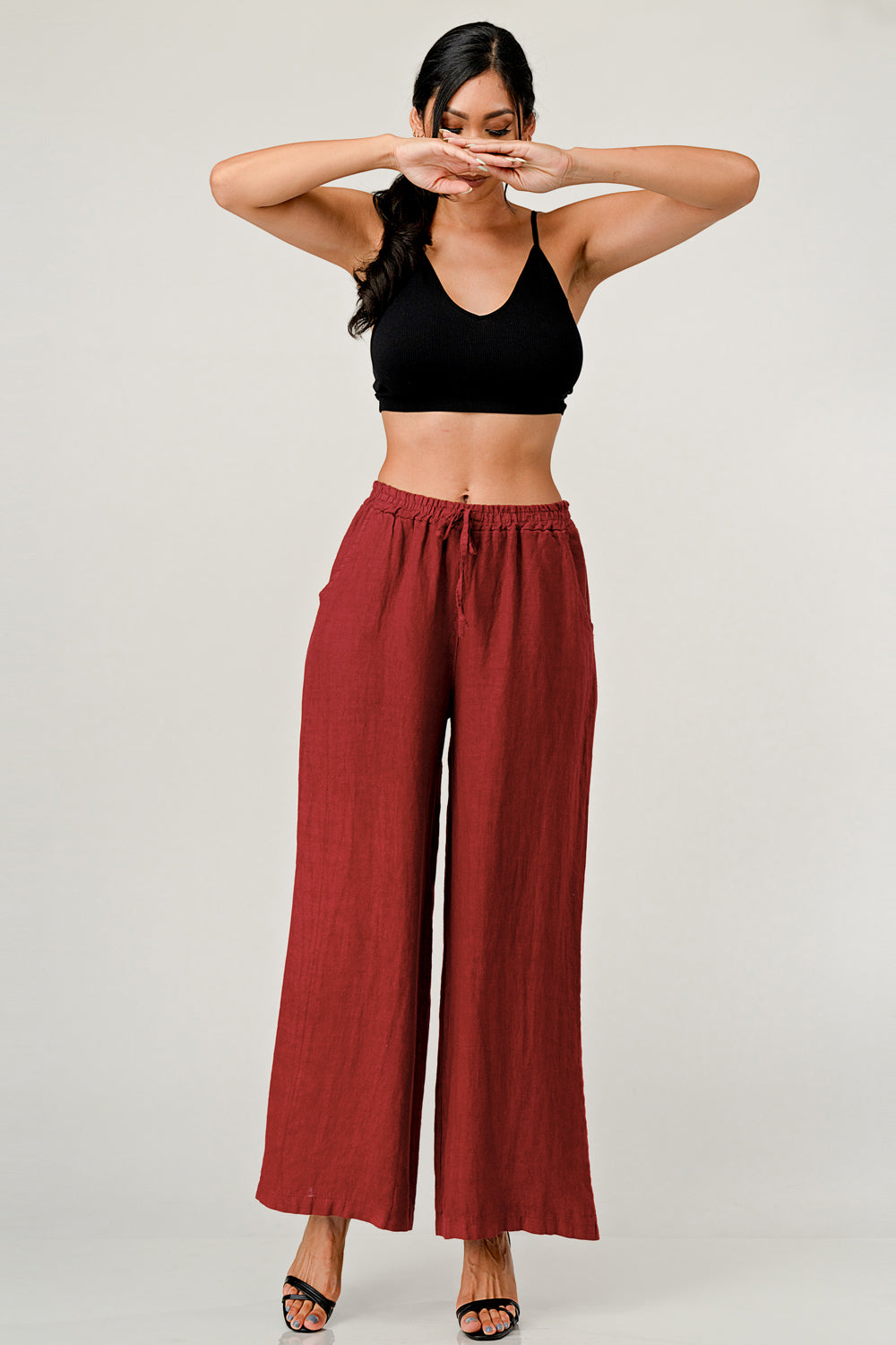 Elastic Waist Linen Pants w Pockets Bottom Raw Moda
