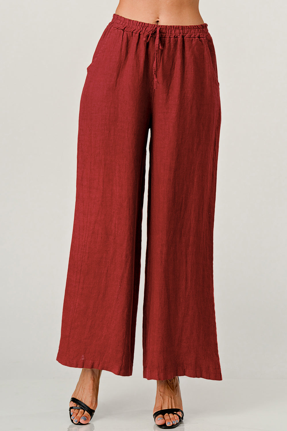 Elastic Waist Linen Pants w Pockets Bottom Raw Moda