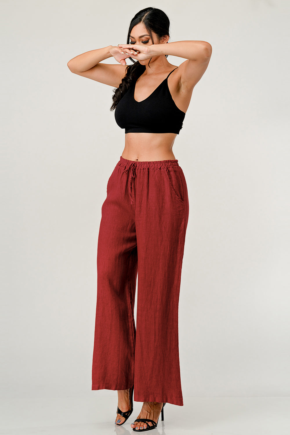 Elastic Waist Linen Pants w Pockets Bottom Raw Moda