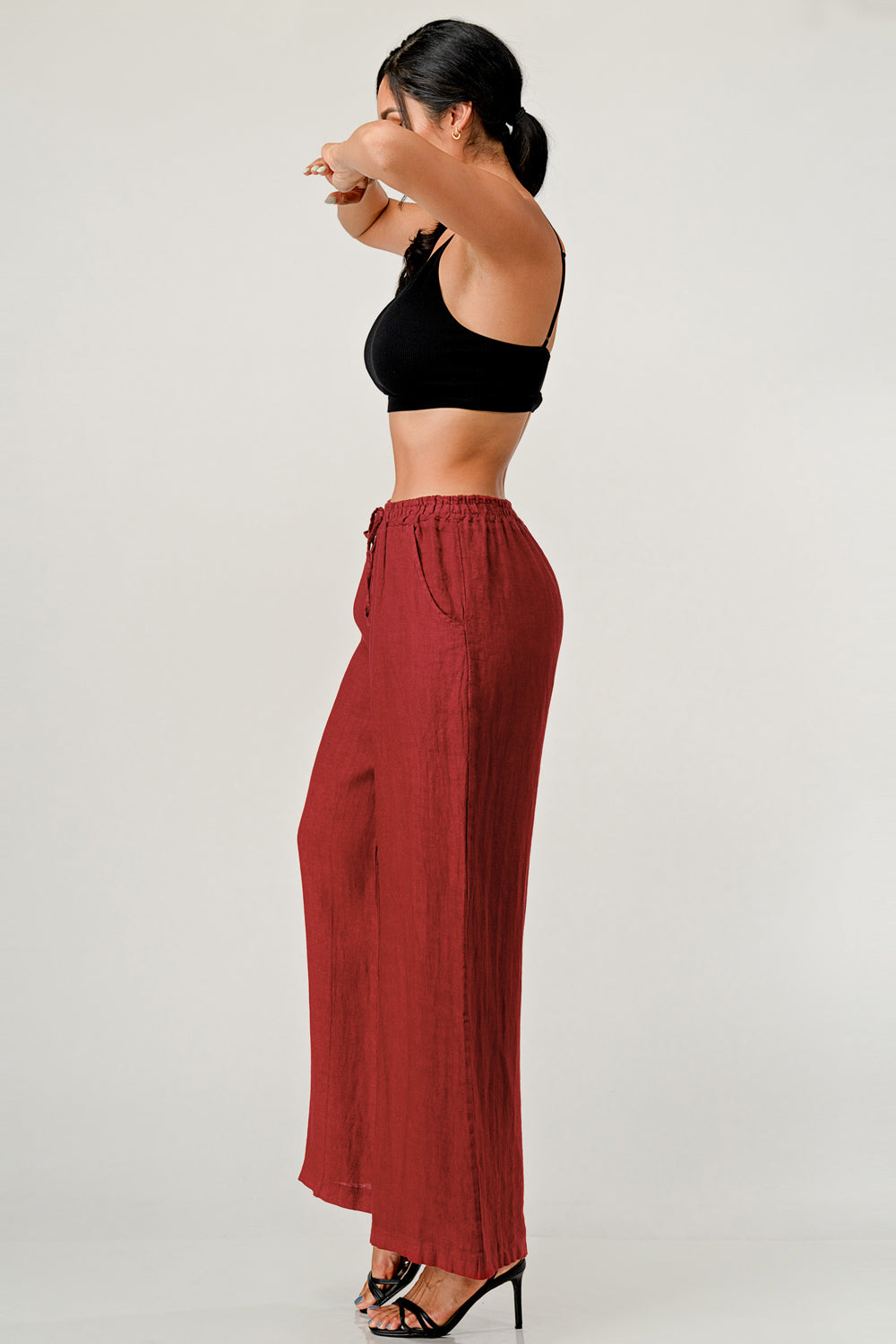 Elastic Waist Linen Pants w Pockets Bottom Raw Moda