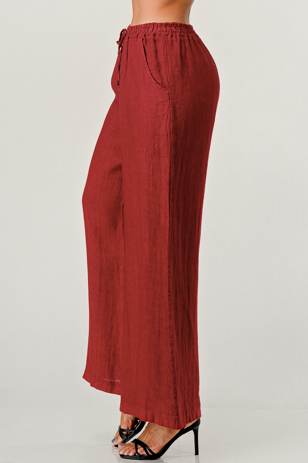 Elastic Waist Linen Pants w Pockets Bottom Raw Moda