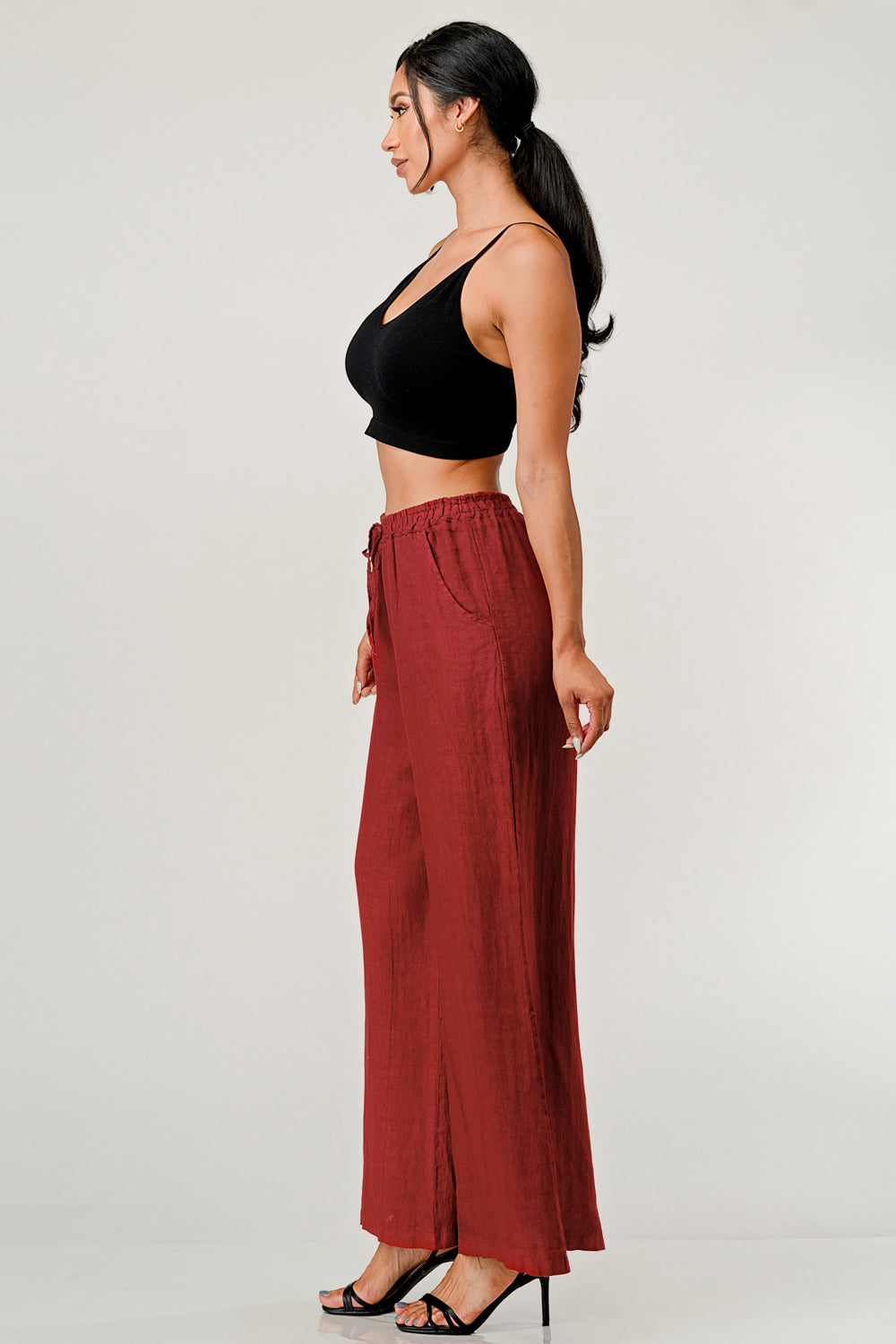 Elastic Waist Linen Pants w Pockets Bottom Raw Moda