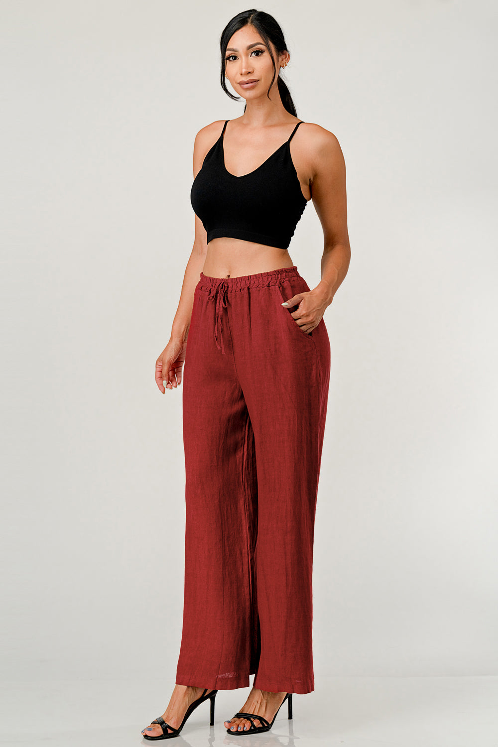 Elastic Waist Linen Pants w Pockets Bottom Raw Moda
