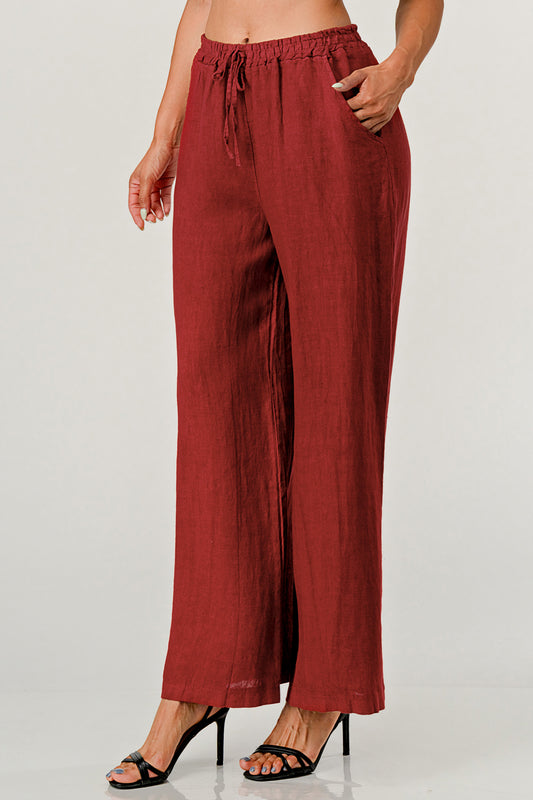 Elastic Waist Linen Pants w Pockets Bottom Raw Moda One Size Burgundy