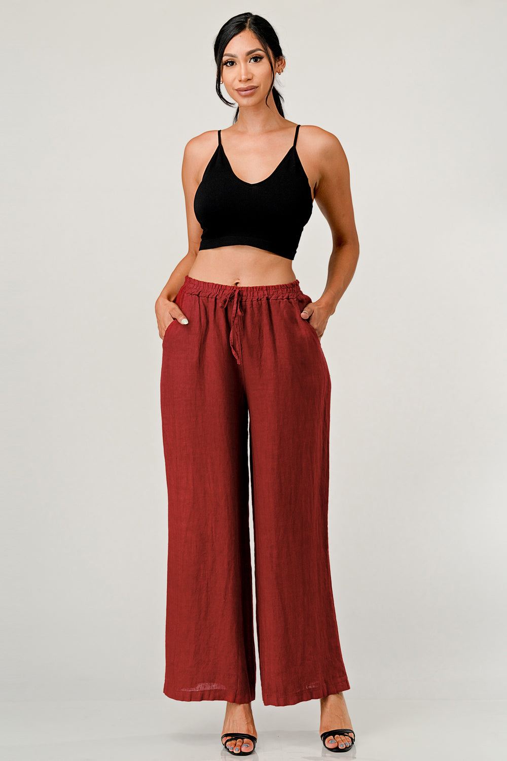 Elastic Waist Linen Pants w Pockets Bottom Raw Moda