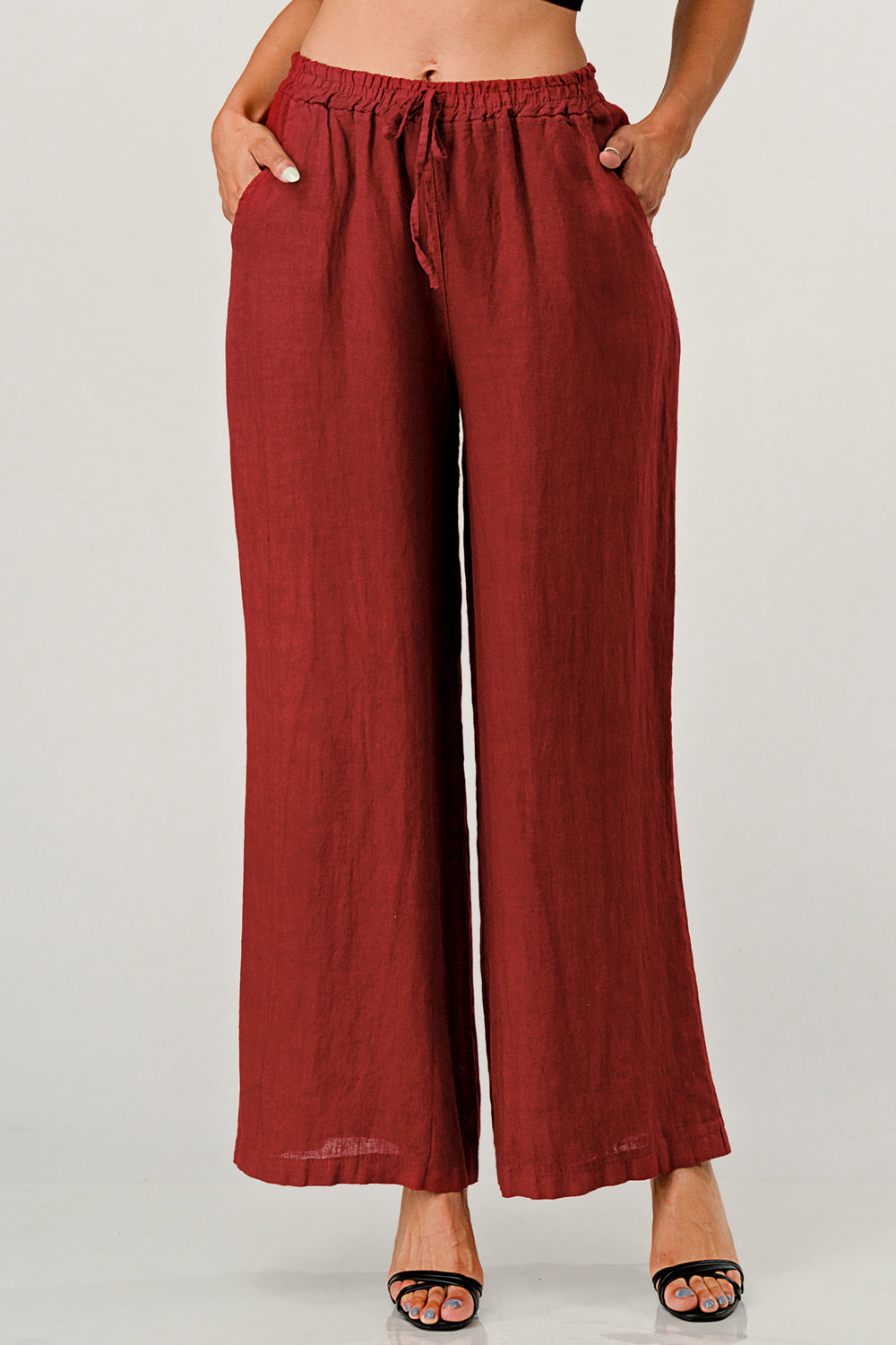 Elastic Waist Linen Pants w Pockets Bottom Raw Moda