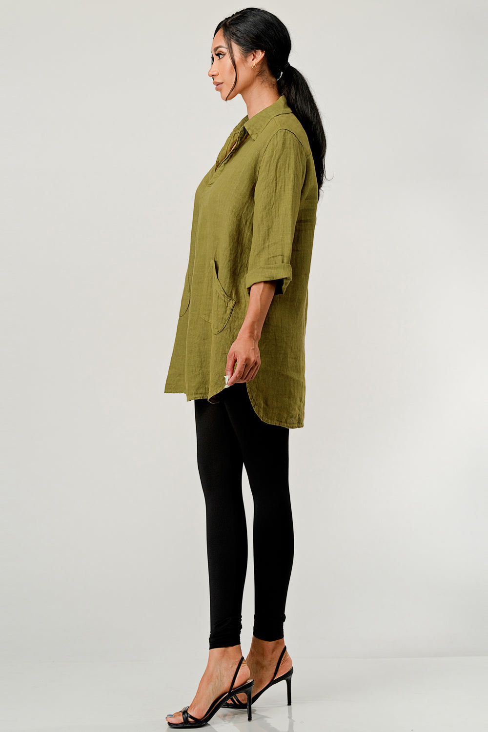 Wide Collar Shanon Linen Tunic W pockets Top Raw Moda
