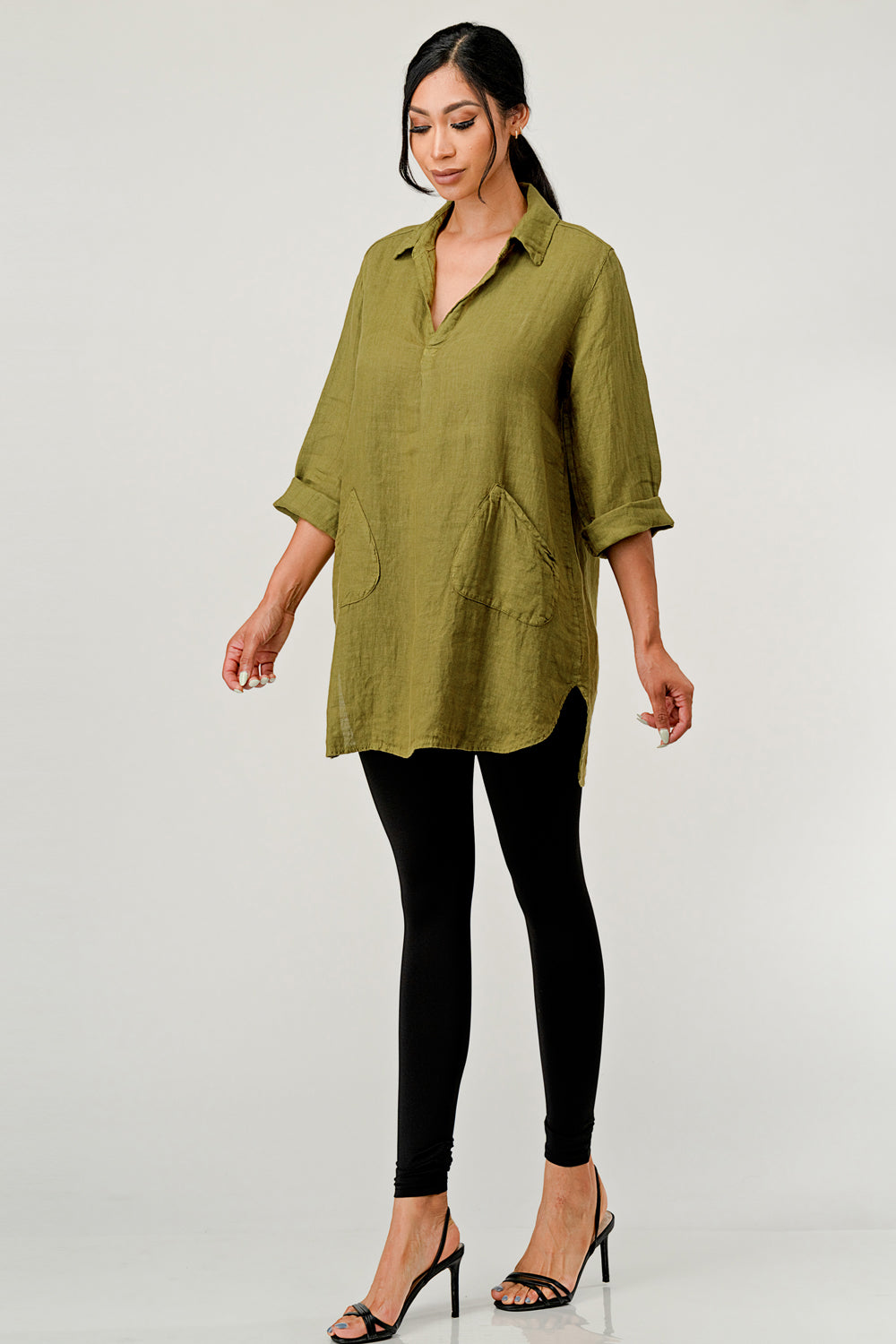Wide Collar Shanon Linen Tunic W pockets Top Raw Moda