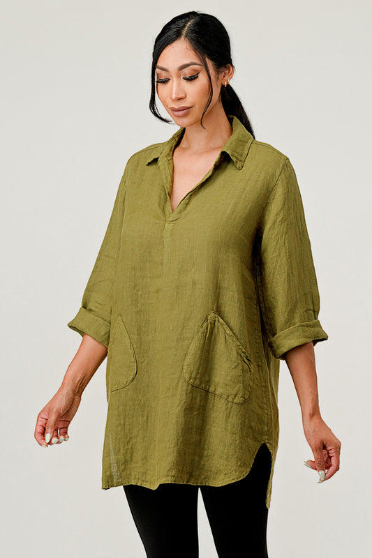 Wide Collar Shanon Linen Tunic W pockets Top Raw Moda Olive One Size