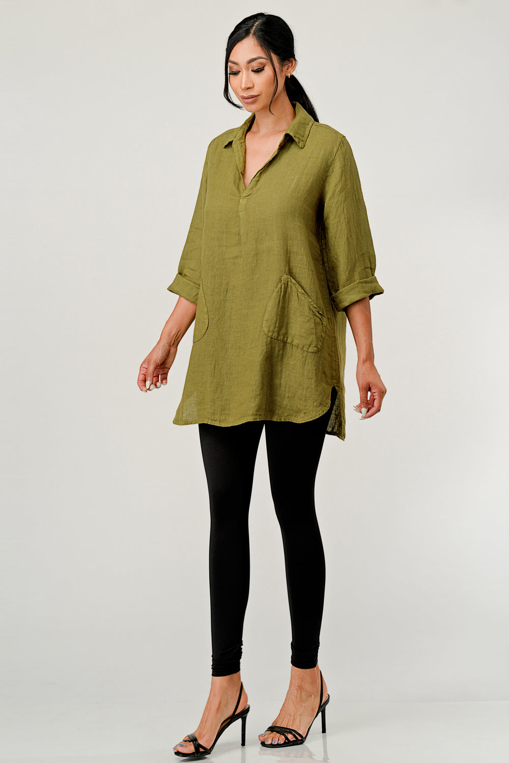 Wide Collar Shanon Linen Tunic W pockets Top Raw Moda
