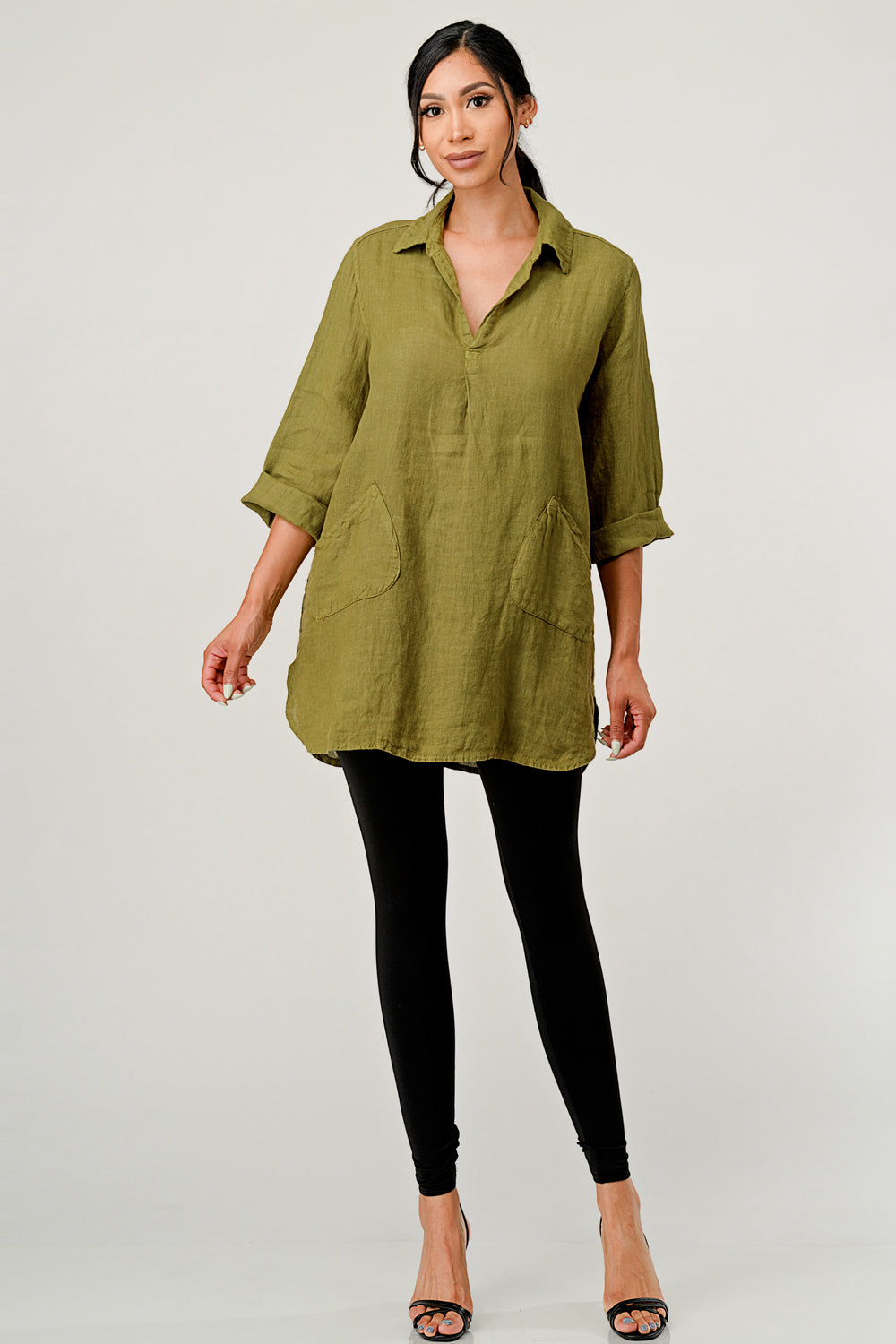 Wide Collar Shanon Linen Tunic W pockets Top Raw Moda