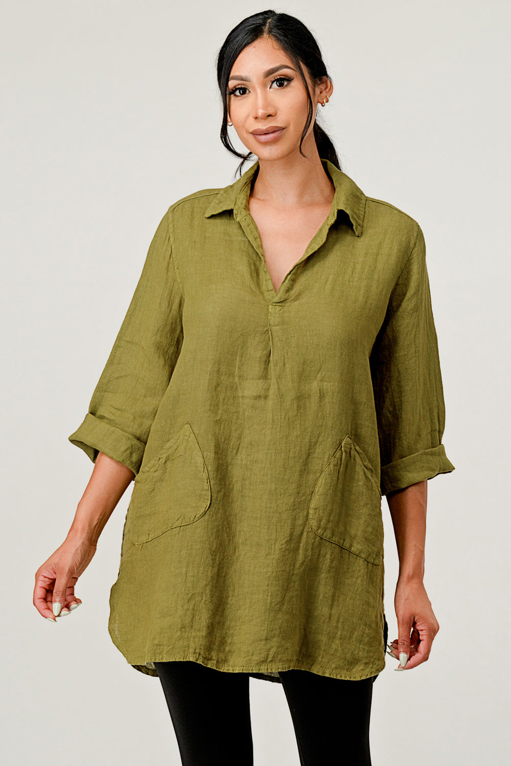 Wide Collar Shanon Linen Tunic W pockets Top Raw Moda