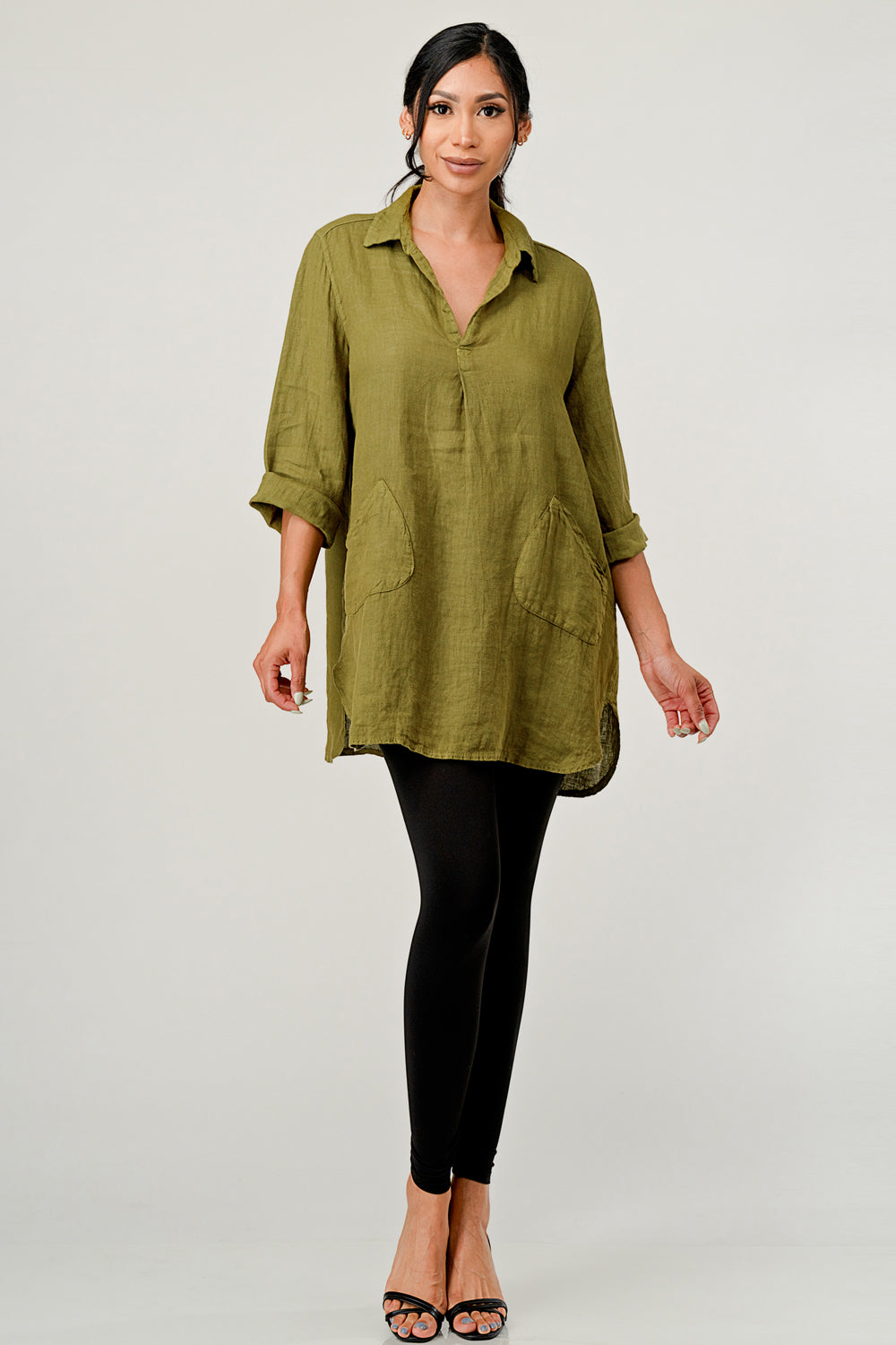 Wide Collar Shanon Linen Tunic W pockets Top Raw Moda