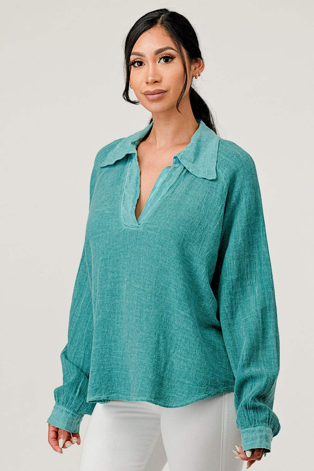 Wide Collar Linen Blouse Raw Moda