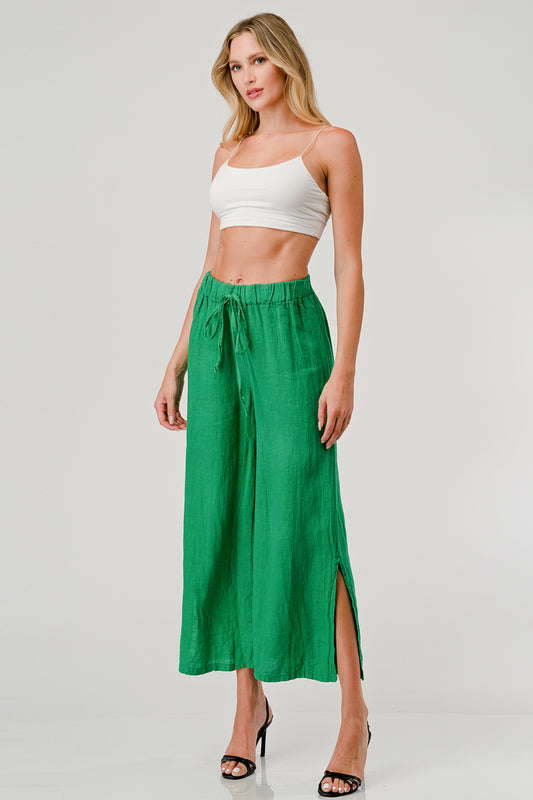 Italian Linen Tie Bottom Pants Pants Raw Moda One Size Green