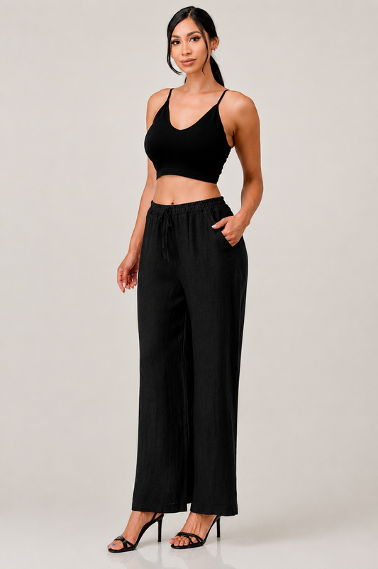 Elastic Waist Linen Pants w Pockets