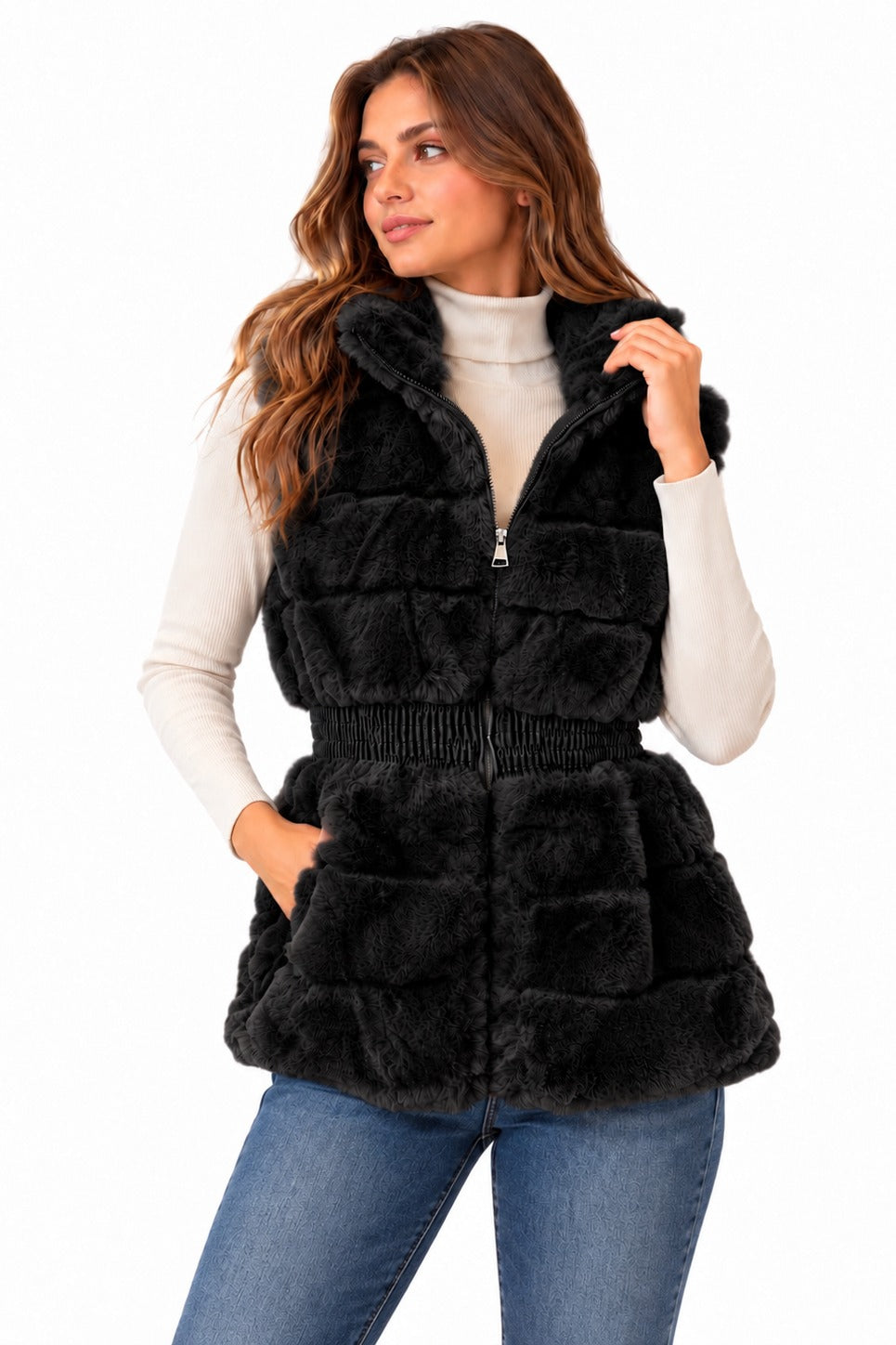 Raw Moda Courchevel Faux Fur Hooded Vest - Black