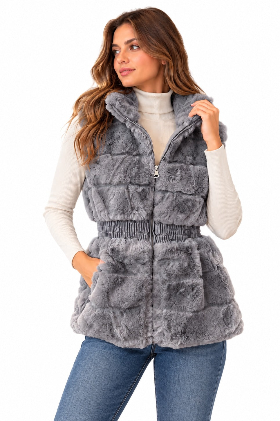 Raw Moda Courchevel Faux Fur Hooded Vest - Grey