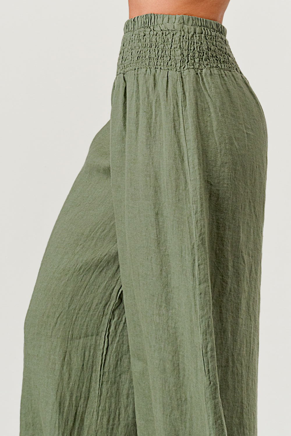 Crossover Wide Waist Linen Pants – close-up of crossover waistband detail