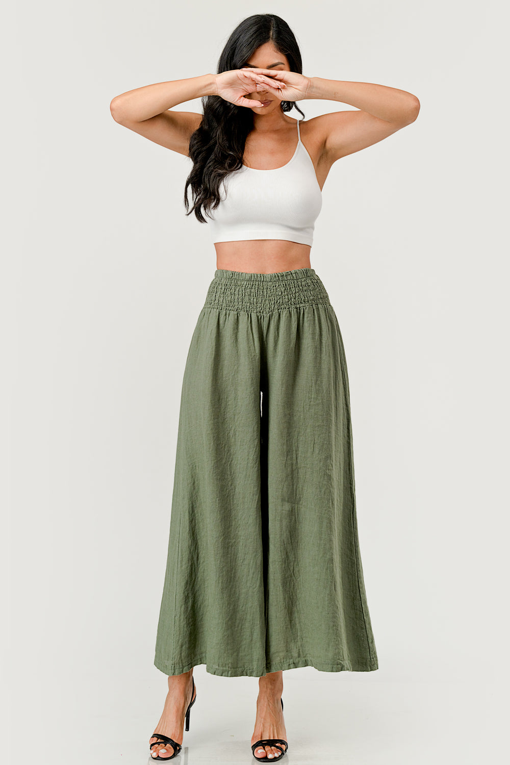 Crossover Wide Waist Linen Pants Bottom Raw Moda One Size Olive