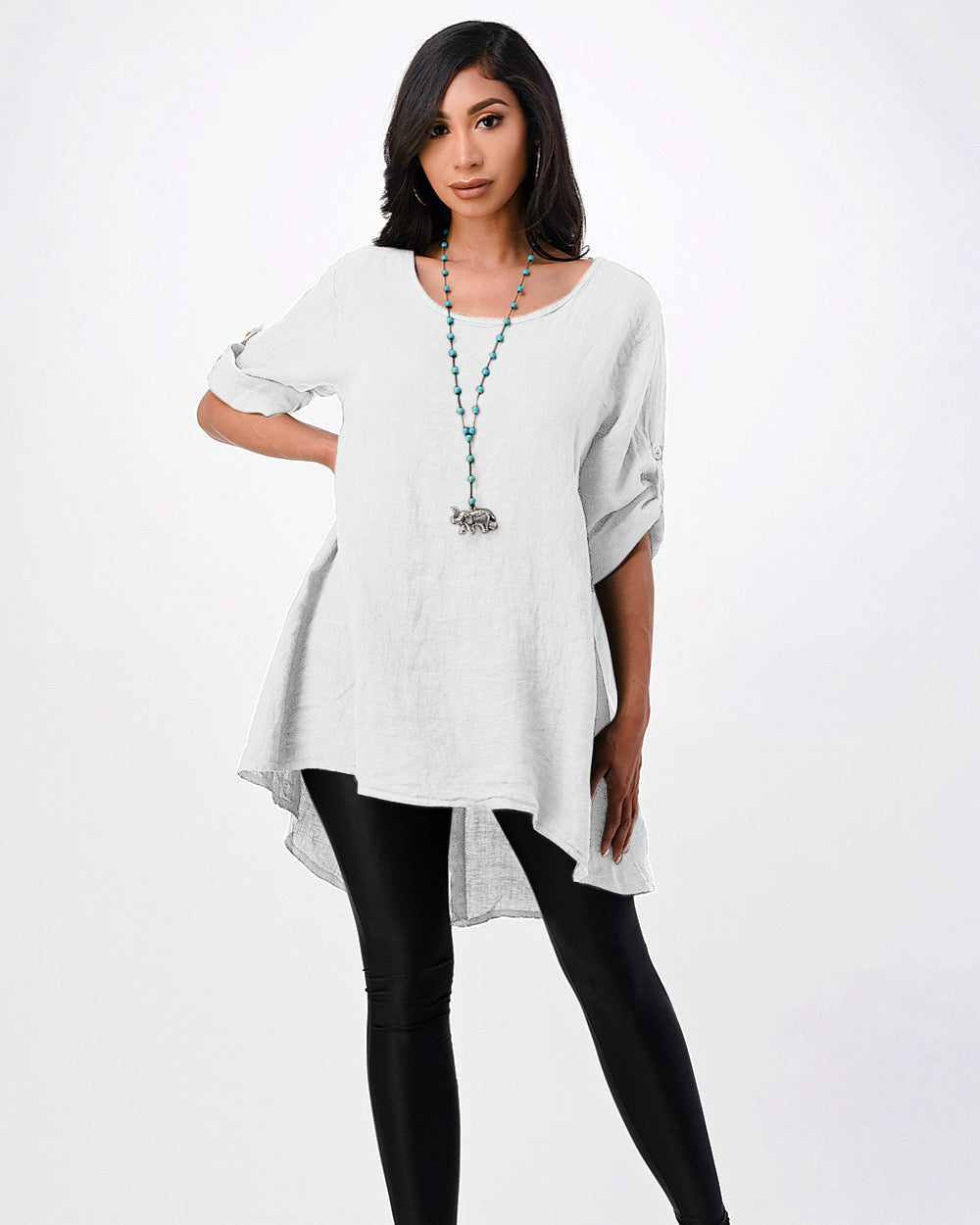 Long Italian Linen Button Back Top Tunic Top Raw Moda One Size White