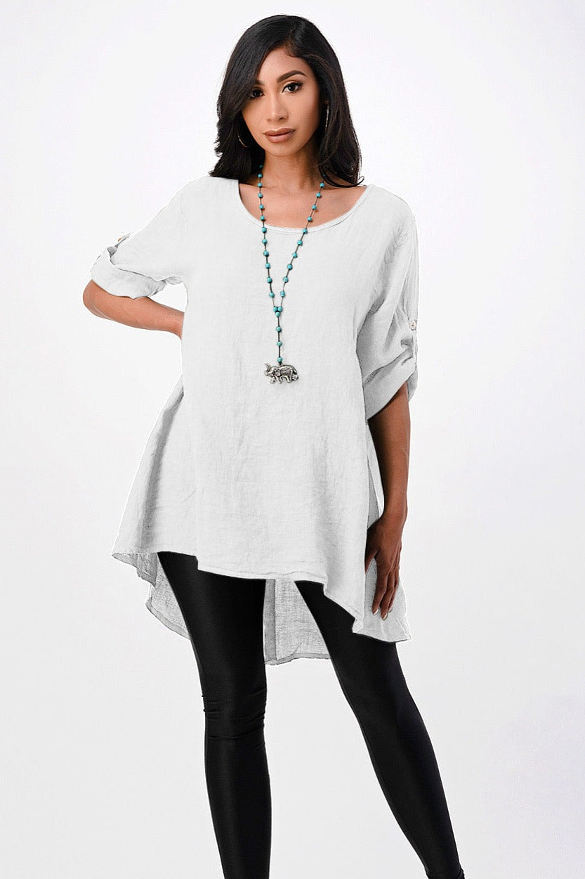 Long Italian Linen Button Back Top Tunic Top Raw Moda One Size White