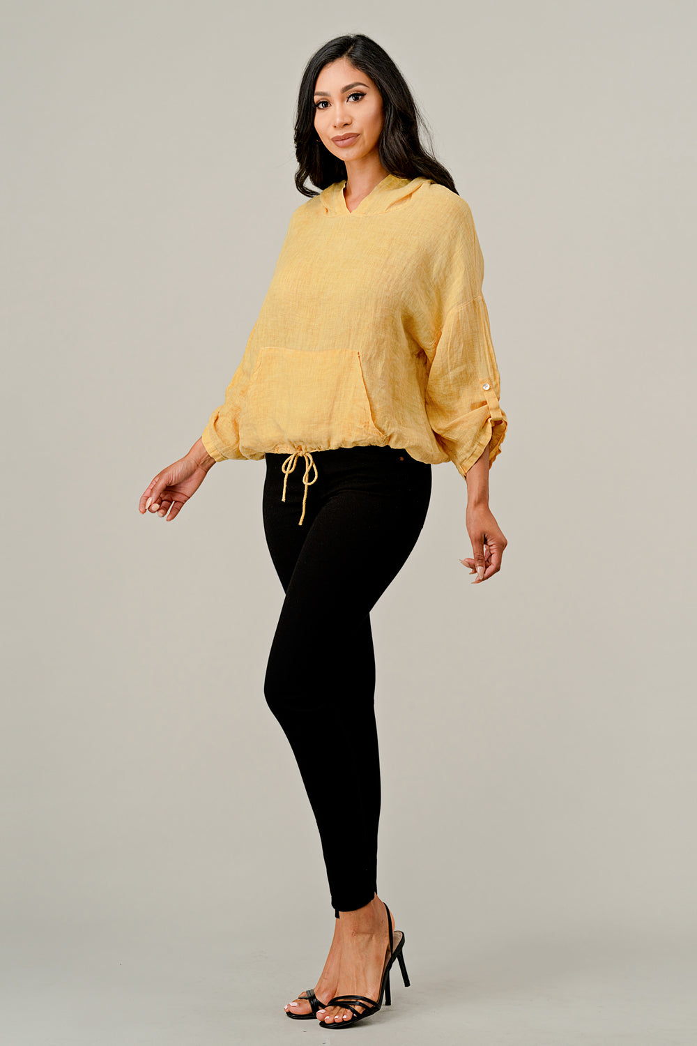 Italian Linen Blouse With Hoodie Top Raw Moda