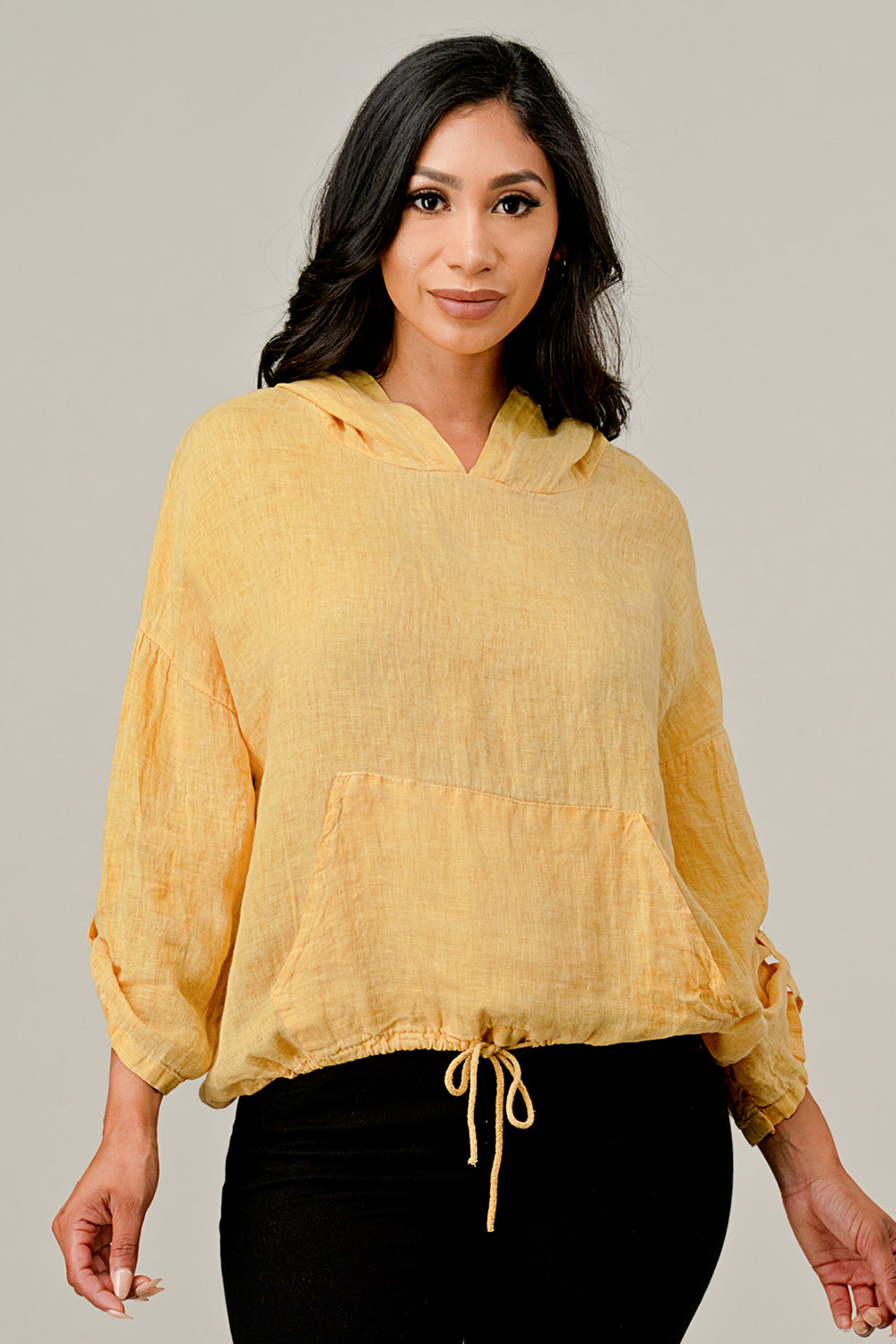 Italian Linen Blouse With Hoodie Top Raw Moda