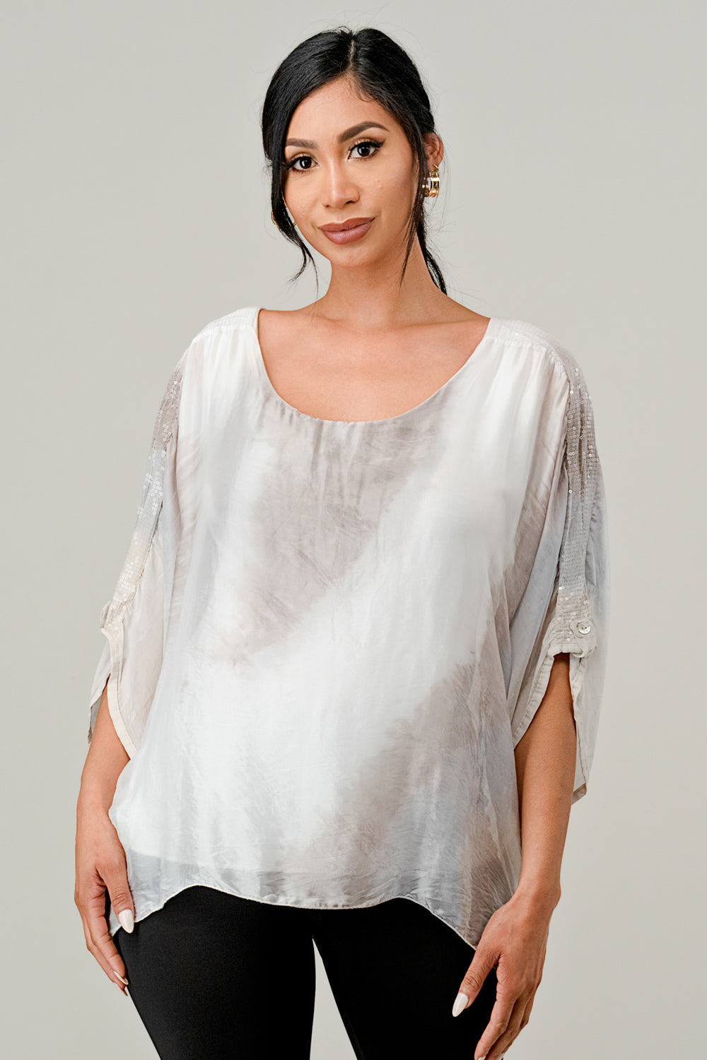 Raw Moda Sequin Sleeves Tie Dye Silk Top Top Raw Moda