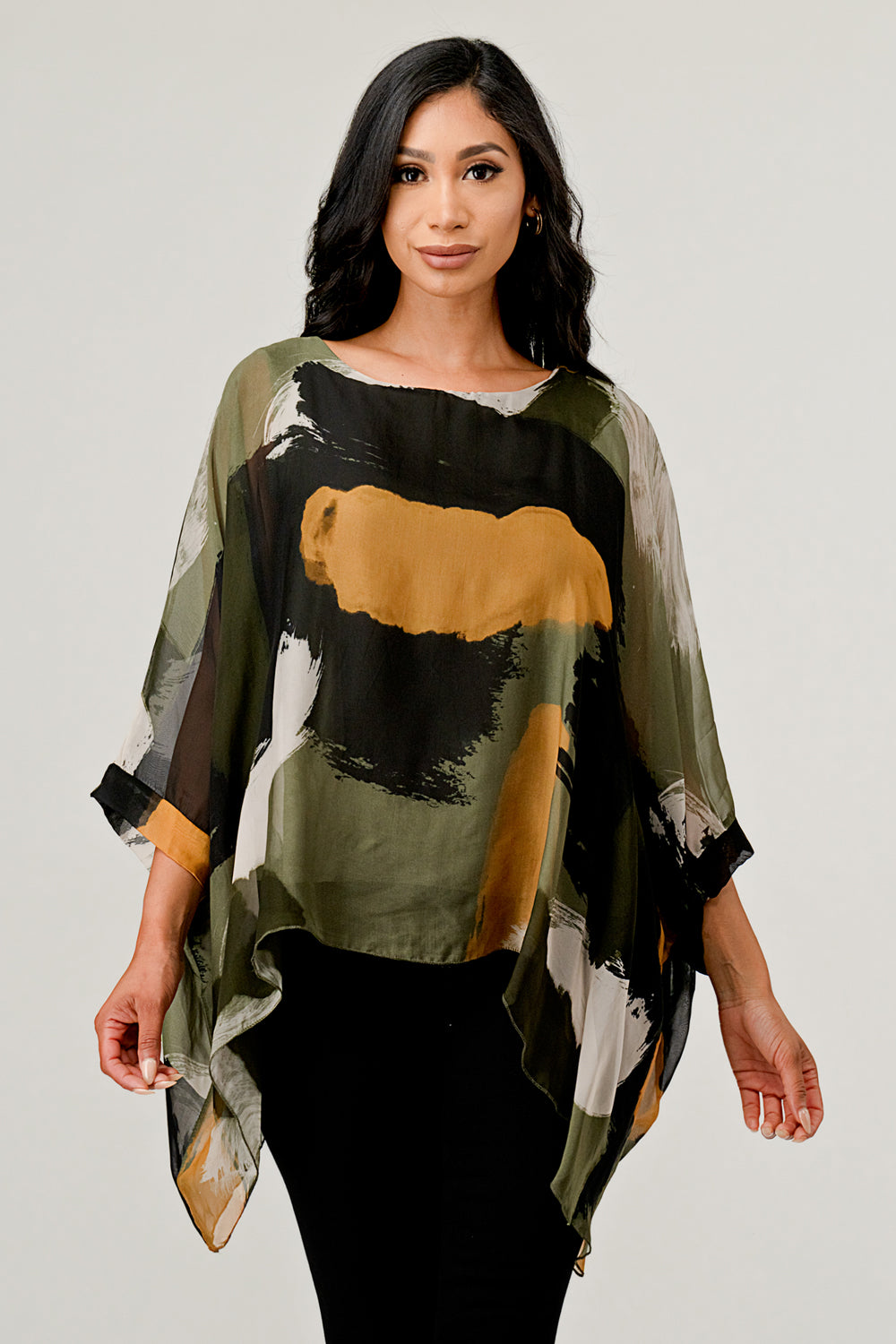 Italian Hand Painted Pattern Raw Moda Silk Top Top Raw Moda One Size Olive