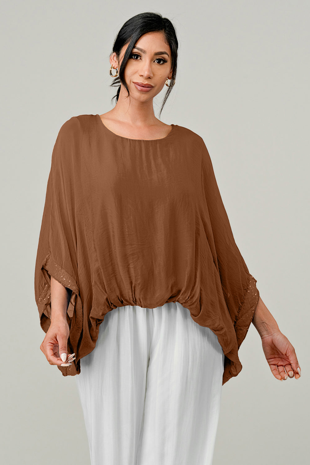 RAW MODA SEQUIN SLEEVES ITALIAN ELASTIC TOP Top Raw Moda One Size Brown