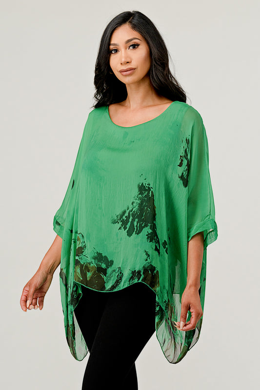 Italian Floral Raw Moda Silk Top Top Raw Moda One Size Green