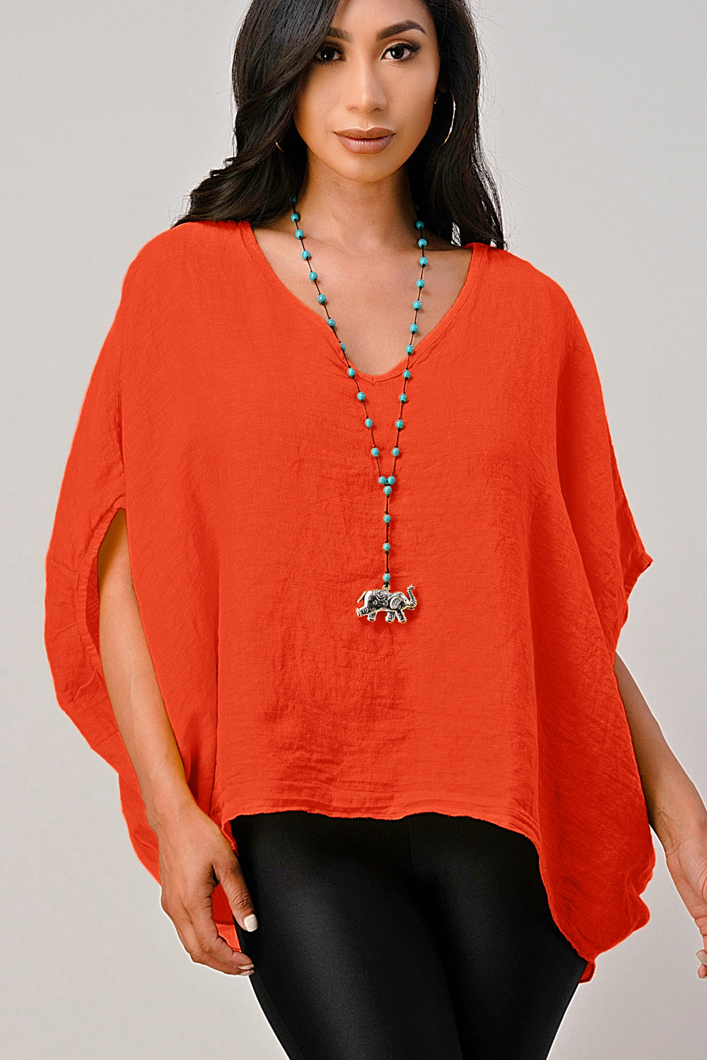 V Neck Linen Batwing Sleeves Top Clothing Accessories Raw Moda Coral One Size