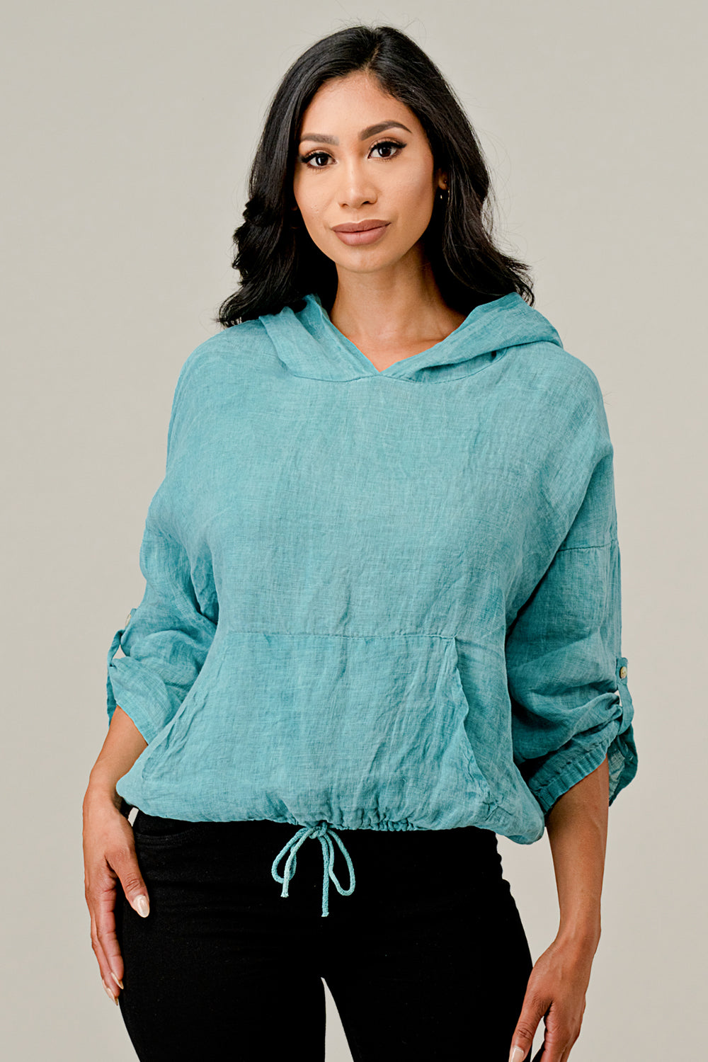 Italian Linen Blouse With Hoodie Top Raw Moda