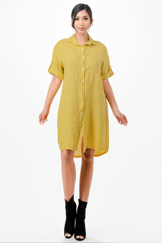 Long Linen Button Shirt Dress Dress Raw Moda One Size Mustard