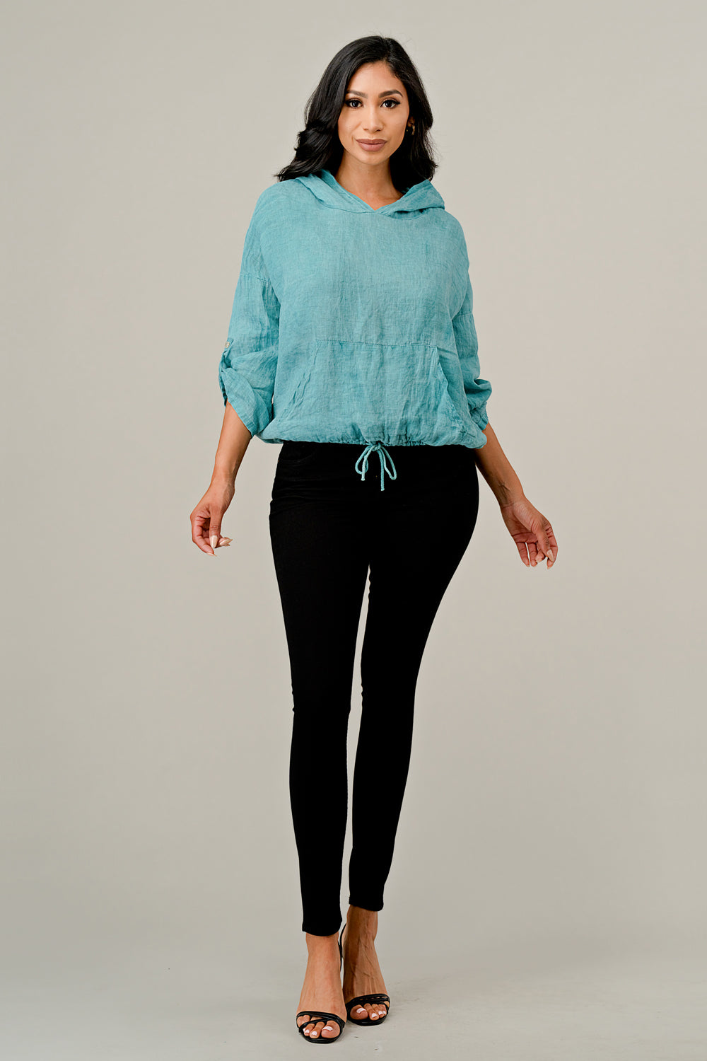 Italian Linen Blouse With Hoodie Top Raw Moda
