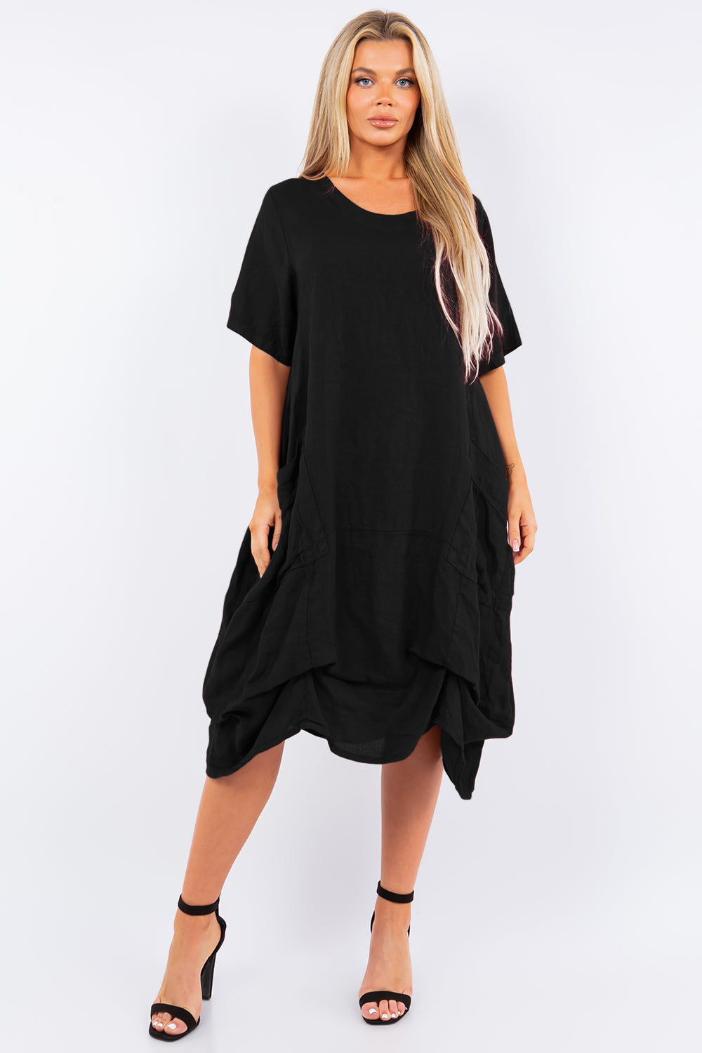 Long Italian Linen Tie Bottom Dress Dress Raw Moda One Size Black