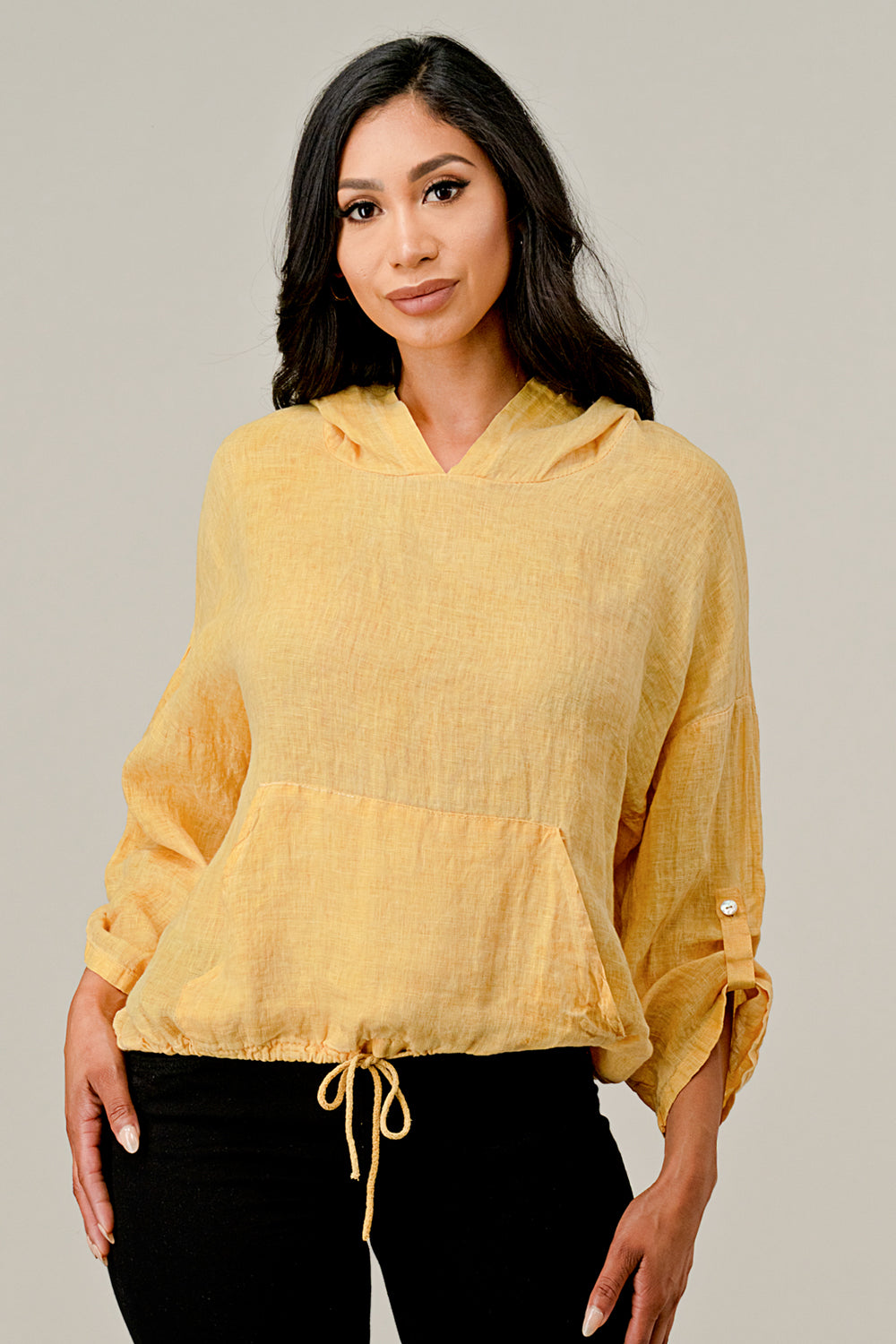 Italian Linen Blouse With Hoodie Top Raw Moda