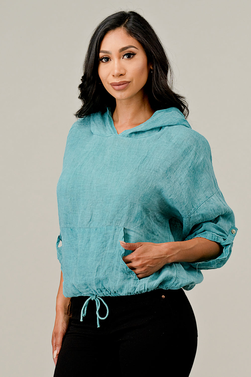 Italian Linen Blouse With Hoodie Top Raw Moda One Size Teal
