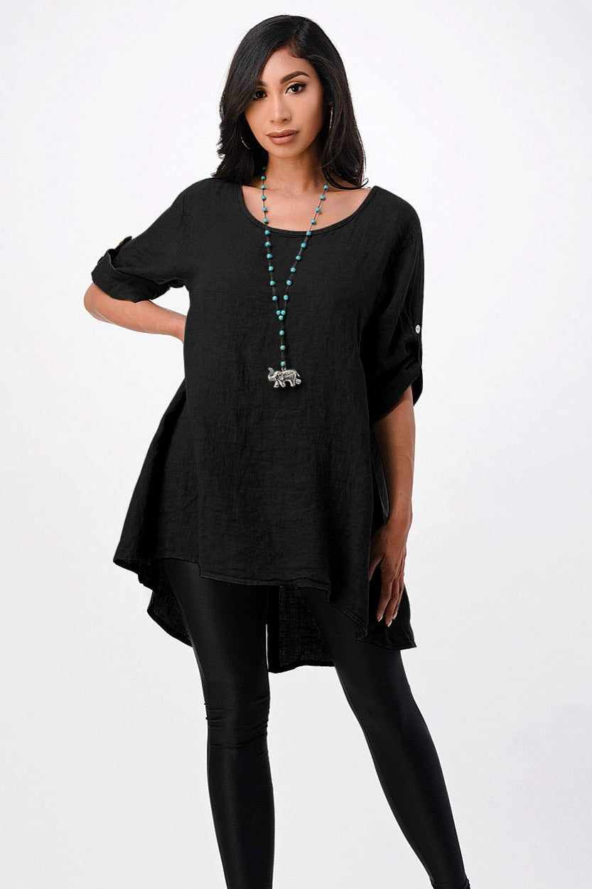 Long Italian Linen Button Back Top Tunic Top Raw Moda One Size Black