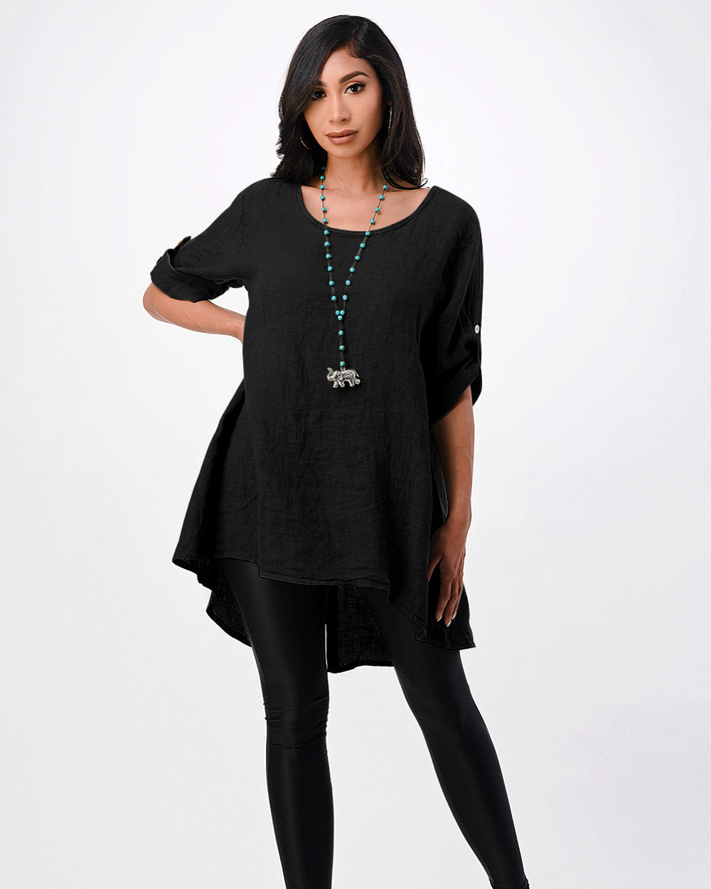 Long Italian Linen Button Back Top Tunic Top Raw Moda One Size Black