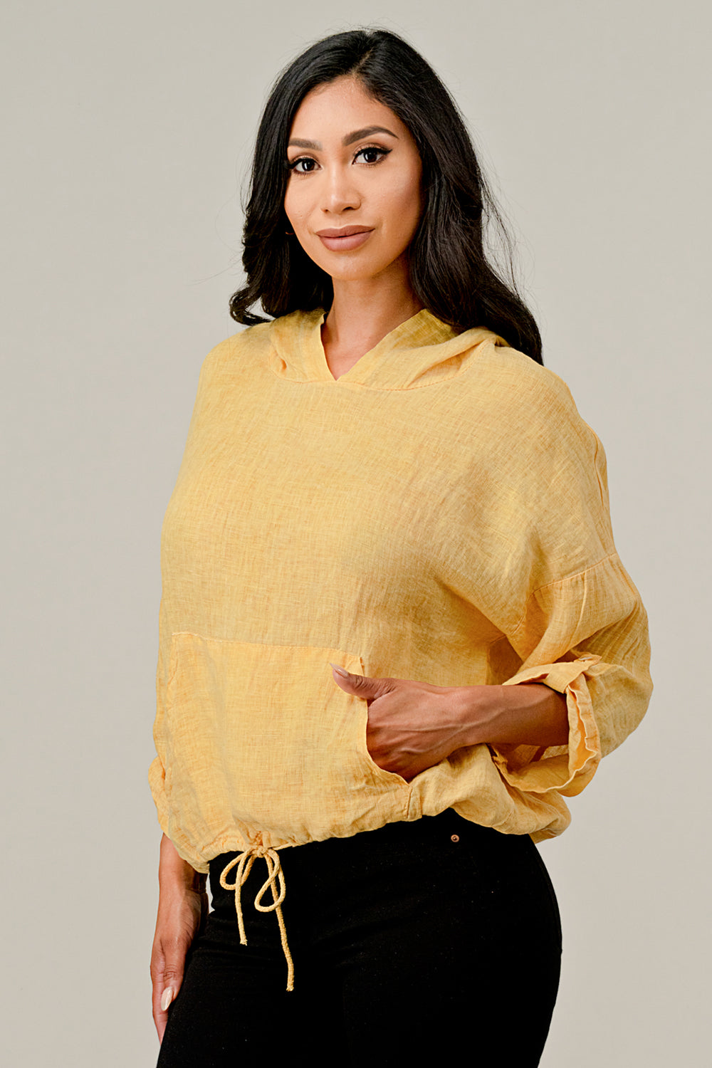 Italian Linen Blouse With Hoodie Top Raw Moda One Size Mustard