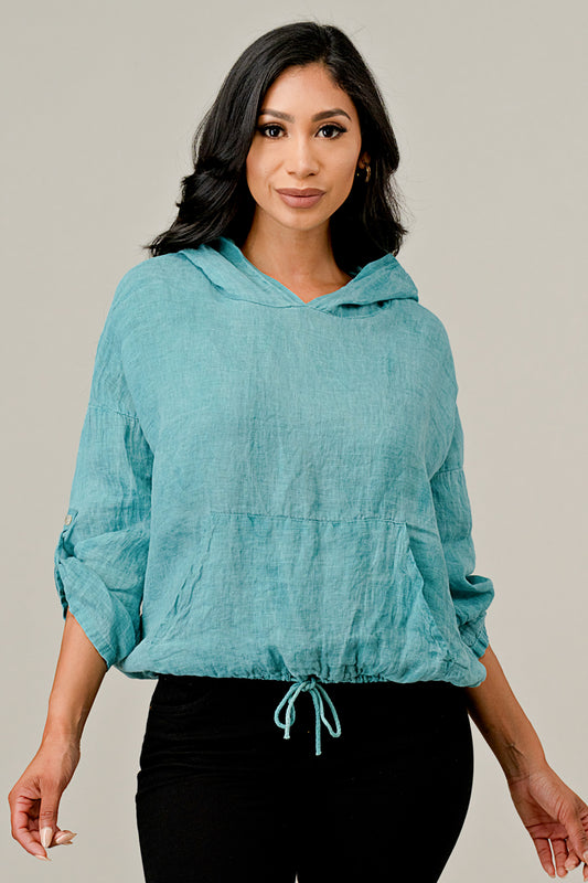 Italian Linen Blouse With Hoodie Top Raw Moda
