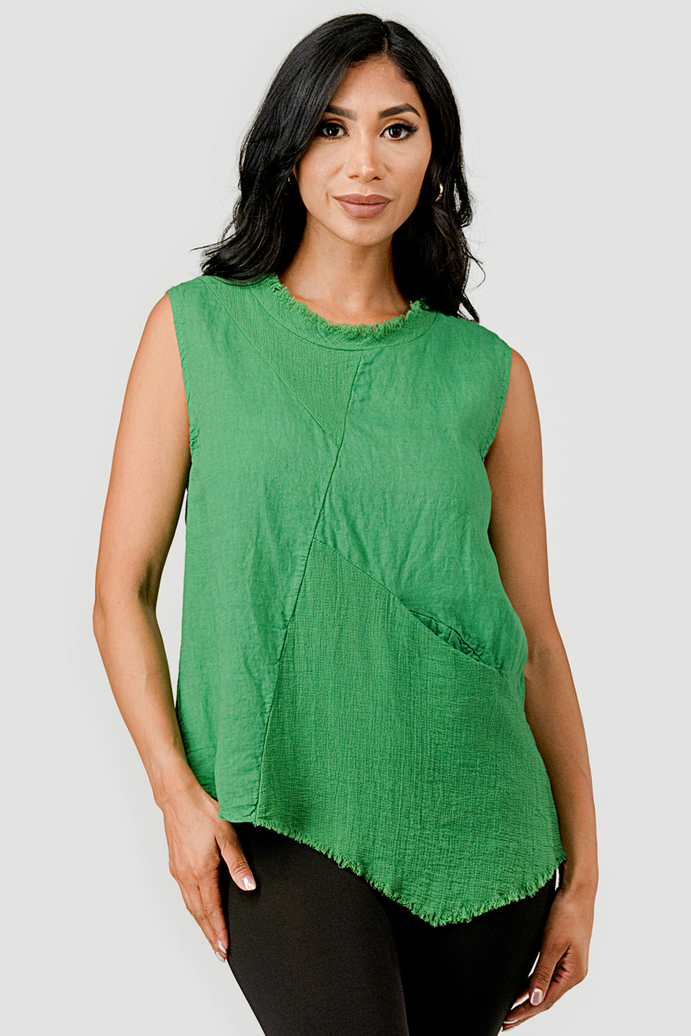 Linen Cotton Sleeveless Linen Top – front view on model