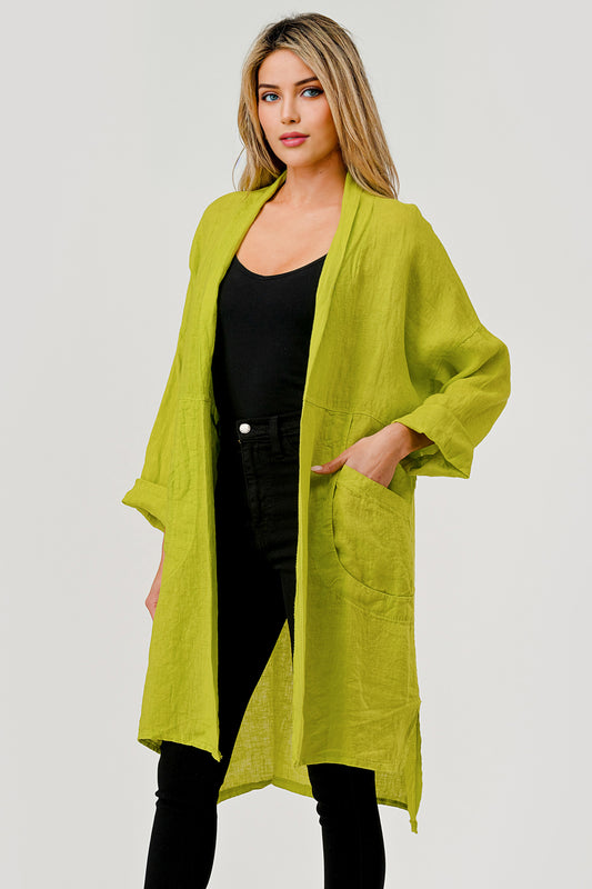 Long Italian Linen Cardigan with Pockets – front view on model