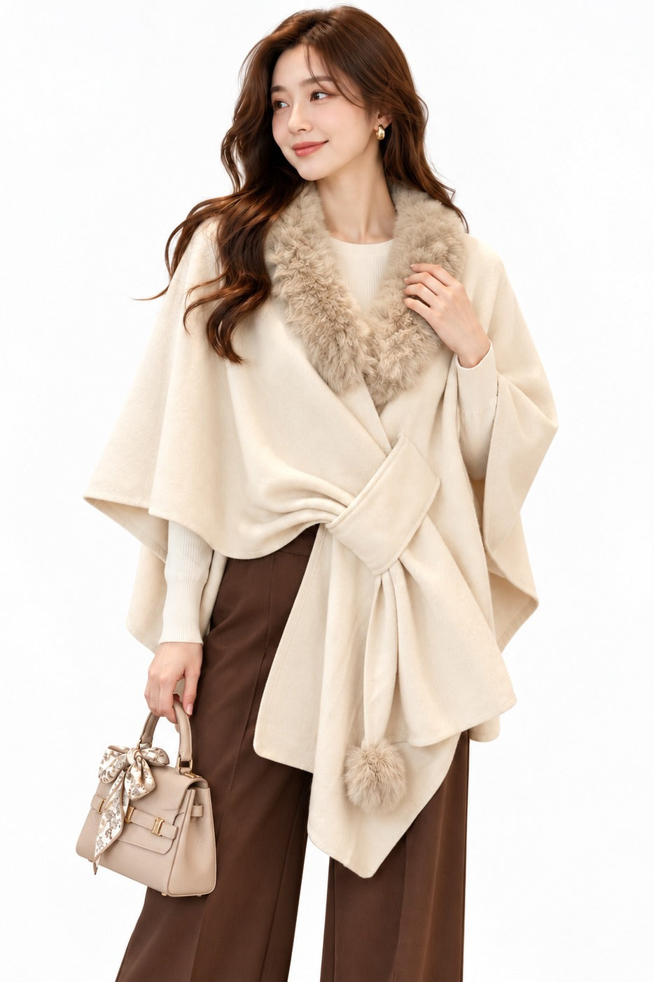 Raw Moda Portofino Faux Fur Shawl Poncho - Beige