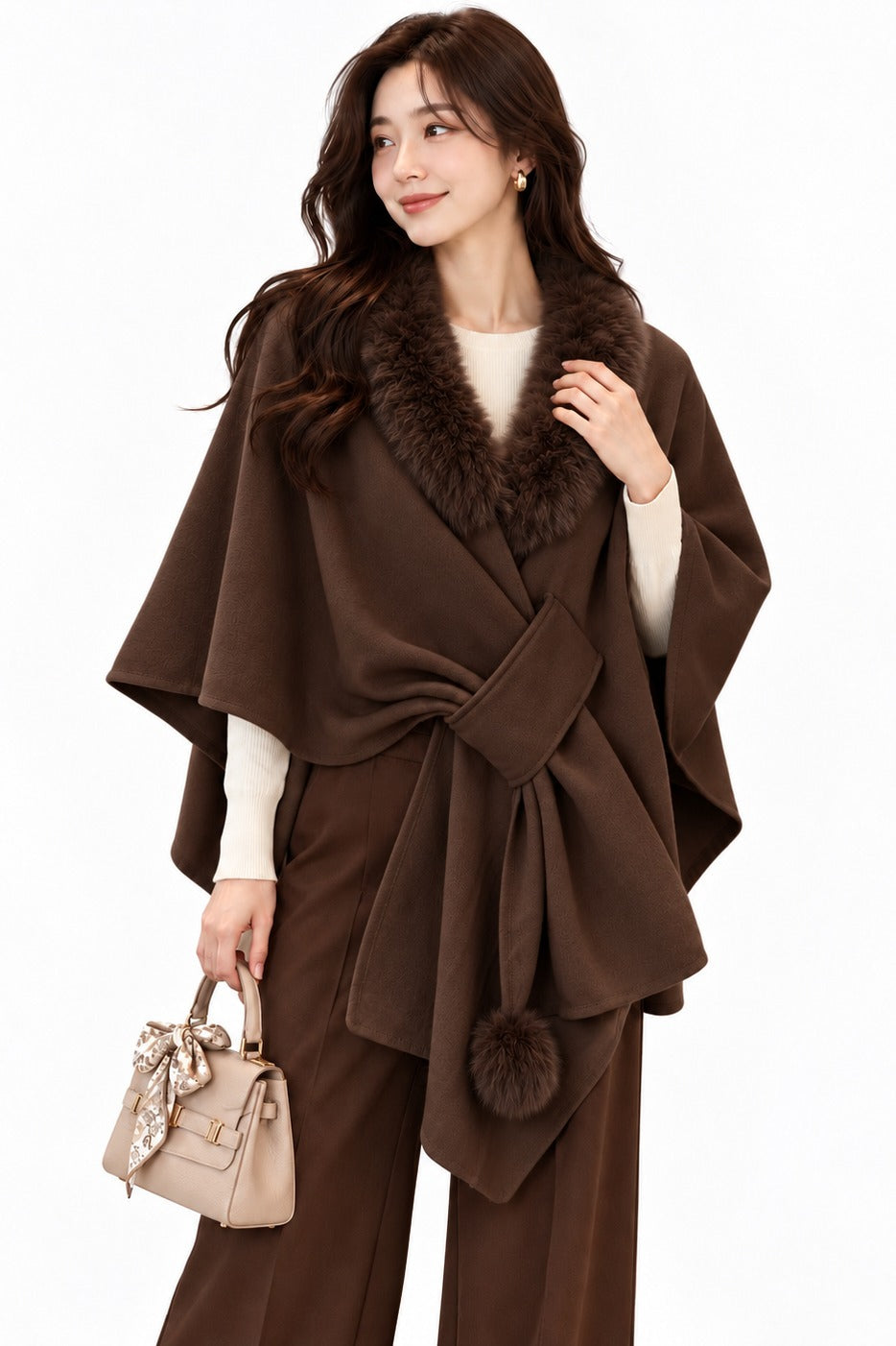 Raw Moda Portofino Faux Fur Shawl Poncho - Dark Brown
