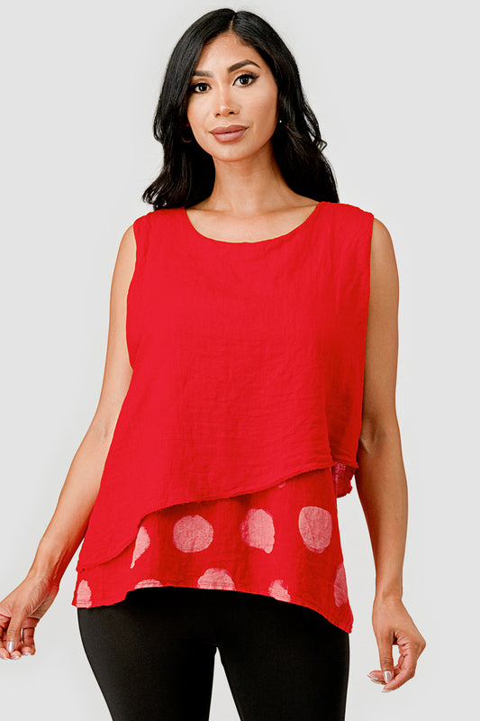 Raw Moda 2 Layers Polka Dot Linen Top – front view on model
