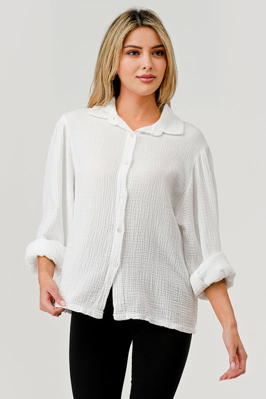Raw Moda Dahlia Cotton Button Shirt – front view on model